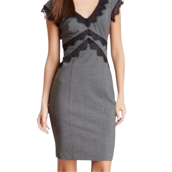 Rebecca Taylor - Grey Wool Blend Dress w/ Black Lace Trim Size 4 - Picture 1 of 10